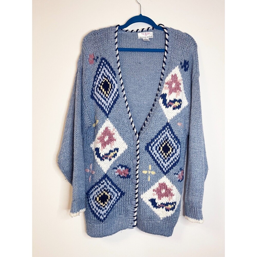 Vintage American Weekend Cardigan L Blue Southwestern Knit Folk Boho Grandpa